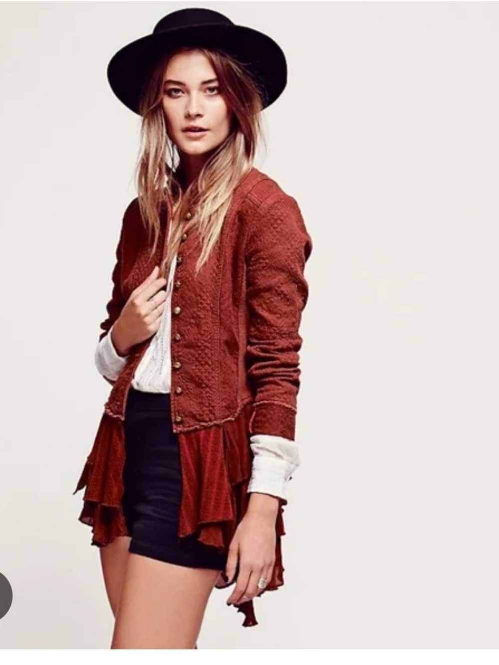 Free People Military Ruffle Peplum Jacket Red high/low Ruffles Size Large